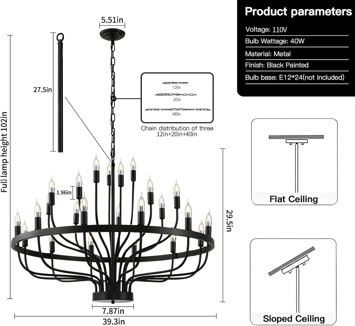 Lustre roue de charrette noir clair à 24 lumières