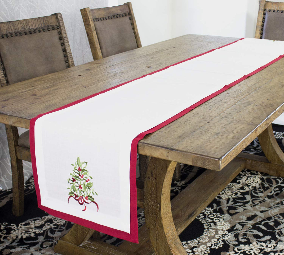 Embroidered Holly Christmas Tree Double-Layer Holiday Tablecloth