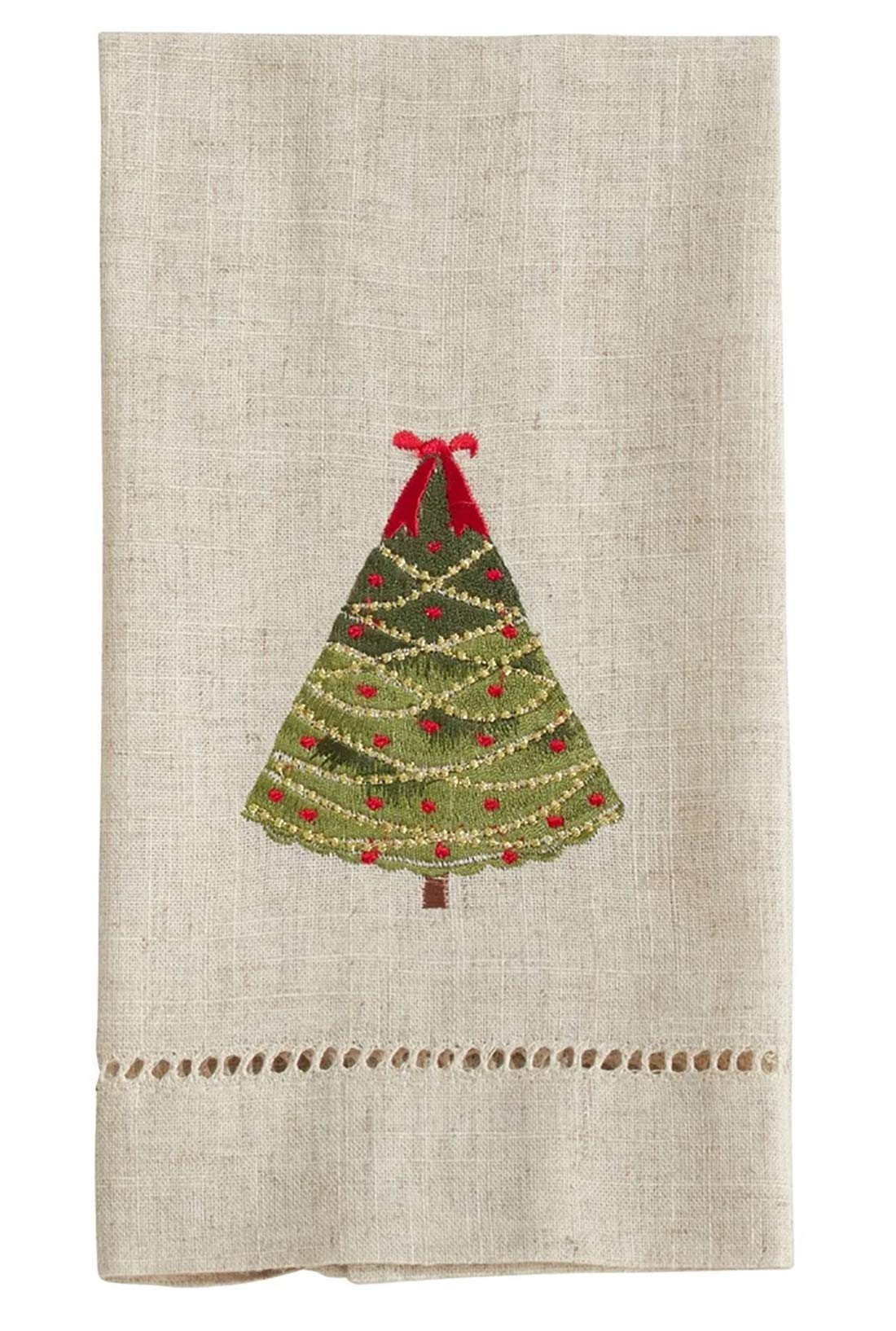 Embroidered and Hemstitched Design Ribbon Christmas Tree Linen-Poly Guest Towels, Set of 4