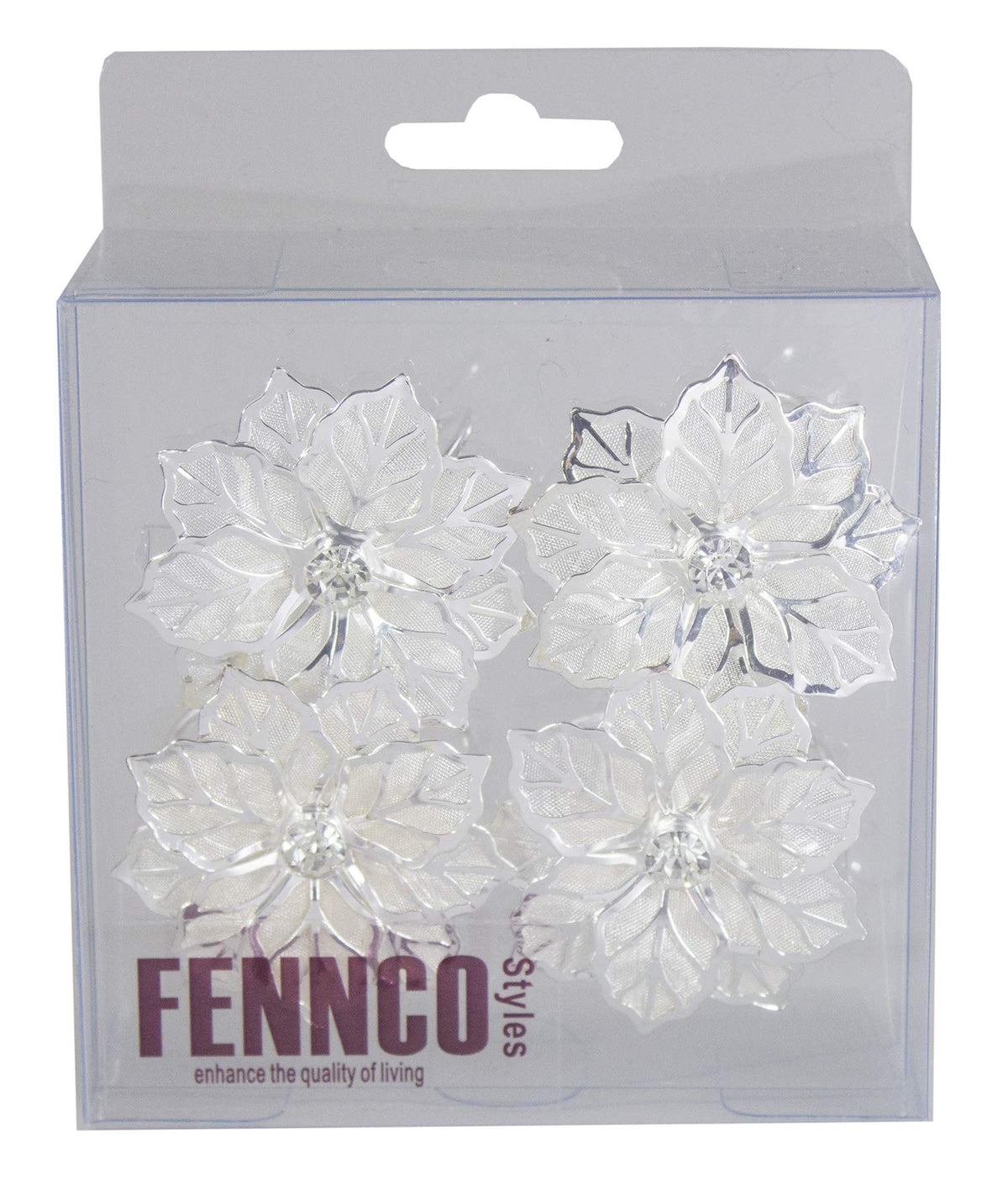 Fennco Styles Rhinestone Crystal Flower Napkin Rings Wedding Holiday Table Decoration - Set of 4