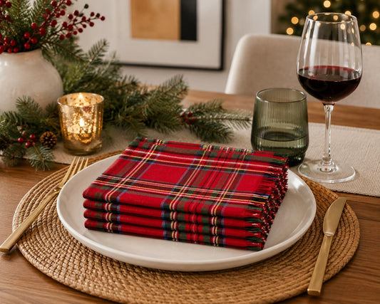 Serviettes de table en tissu écossais de Noël avec franges