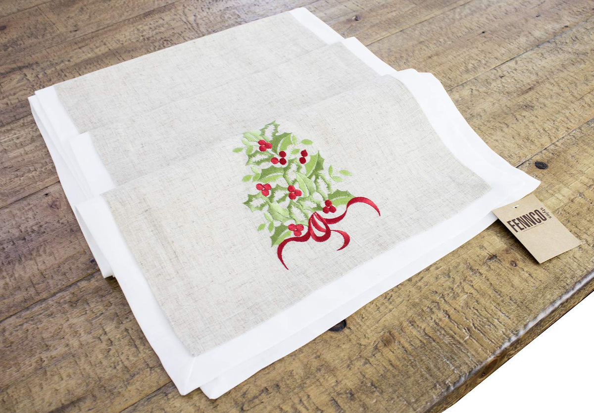 Embroidered Holly Christmas Tree Double-Layer Holiday Tablecloth