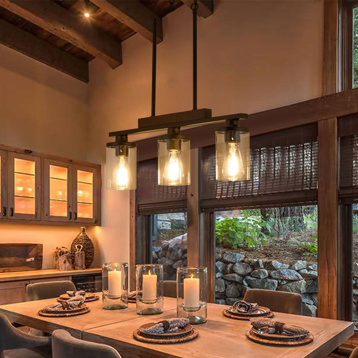 Lampadario lineare rustico in legno stile casale con paralume in vetro trasparente
