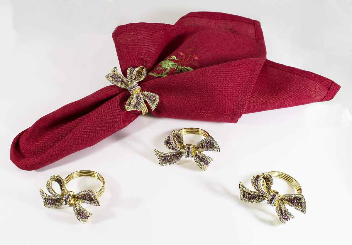 Fennco Styles Stunning Crystal Bowknot Gold-Plated Napkin Rings Wedding Holiday Table Decoration - Set of 4