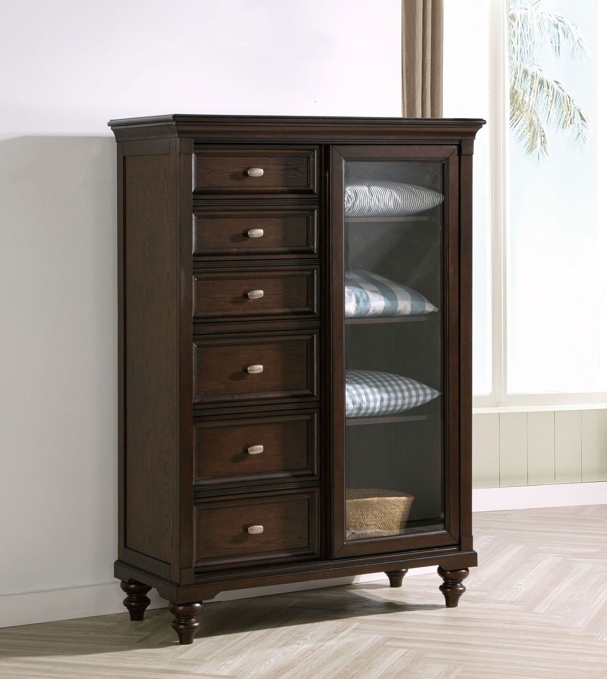 Commode Andover à 6 tiroirs avec porte en verre trempé, chêne foncé