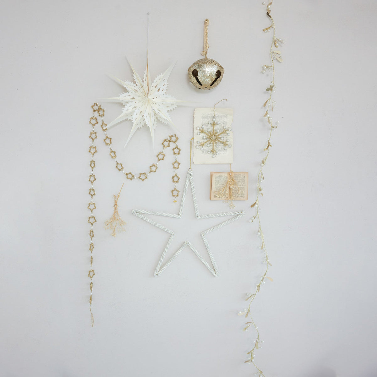 72" Gold Metal & Glass Beaded Star Garland with Faux Pearls