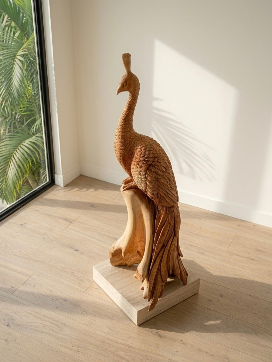 Hand Carved Teak Peacock Sculpture