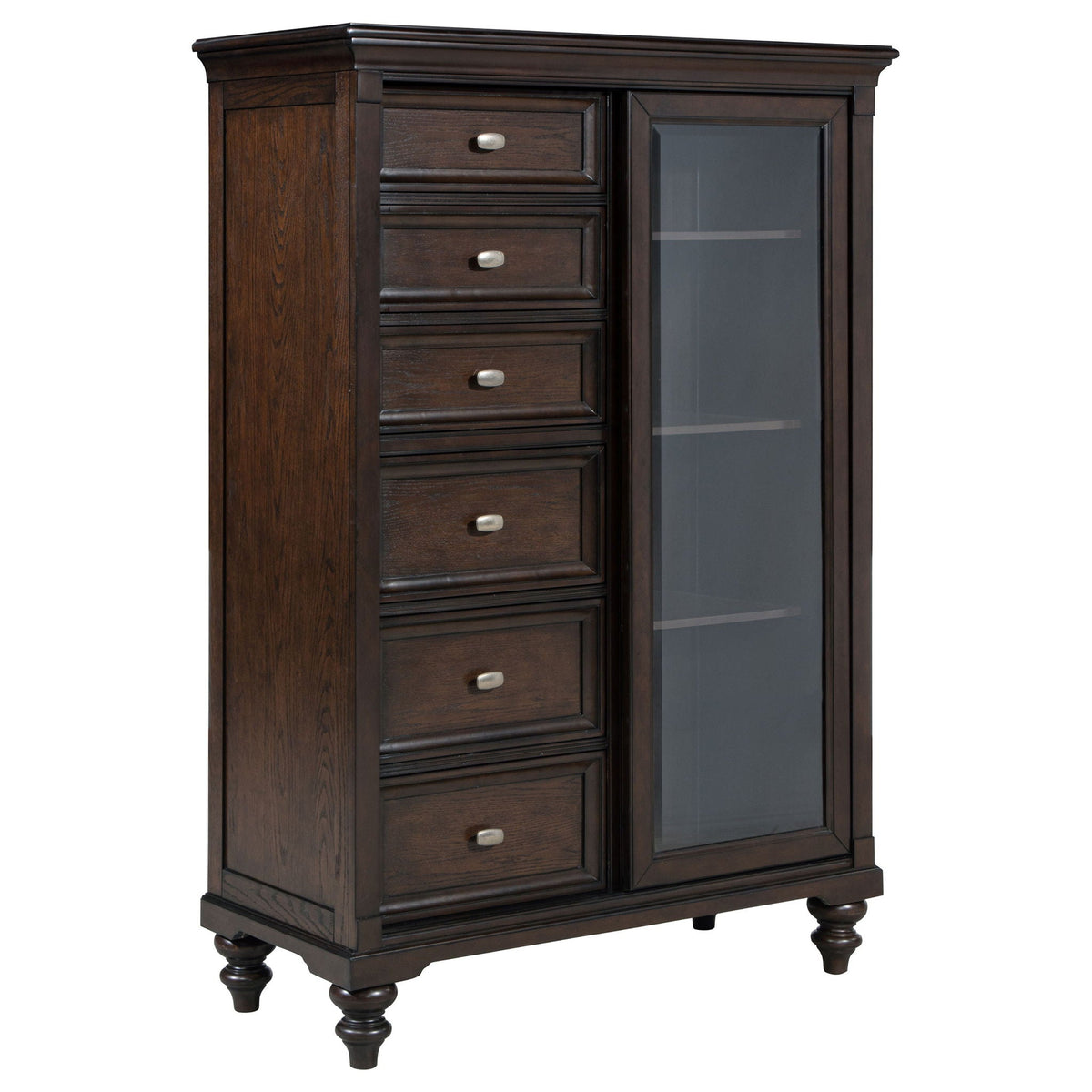 Commode Andover à 6 tiroirs avec porte en verre trempé, chêne foncé