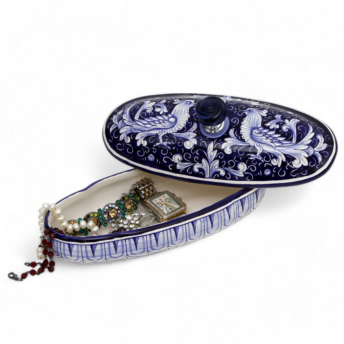 BOÎTE À BIJOUX : Boîte souvenir ovale authentique de Deruta avec bouton en Murano - Motif DERUTA FONDO BLU