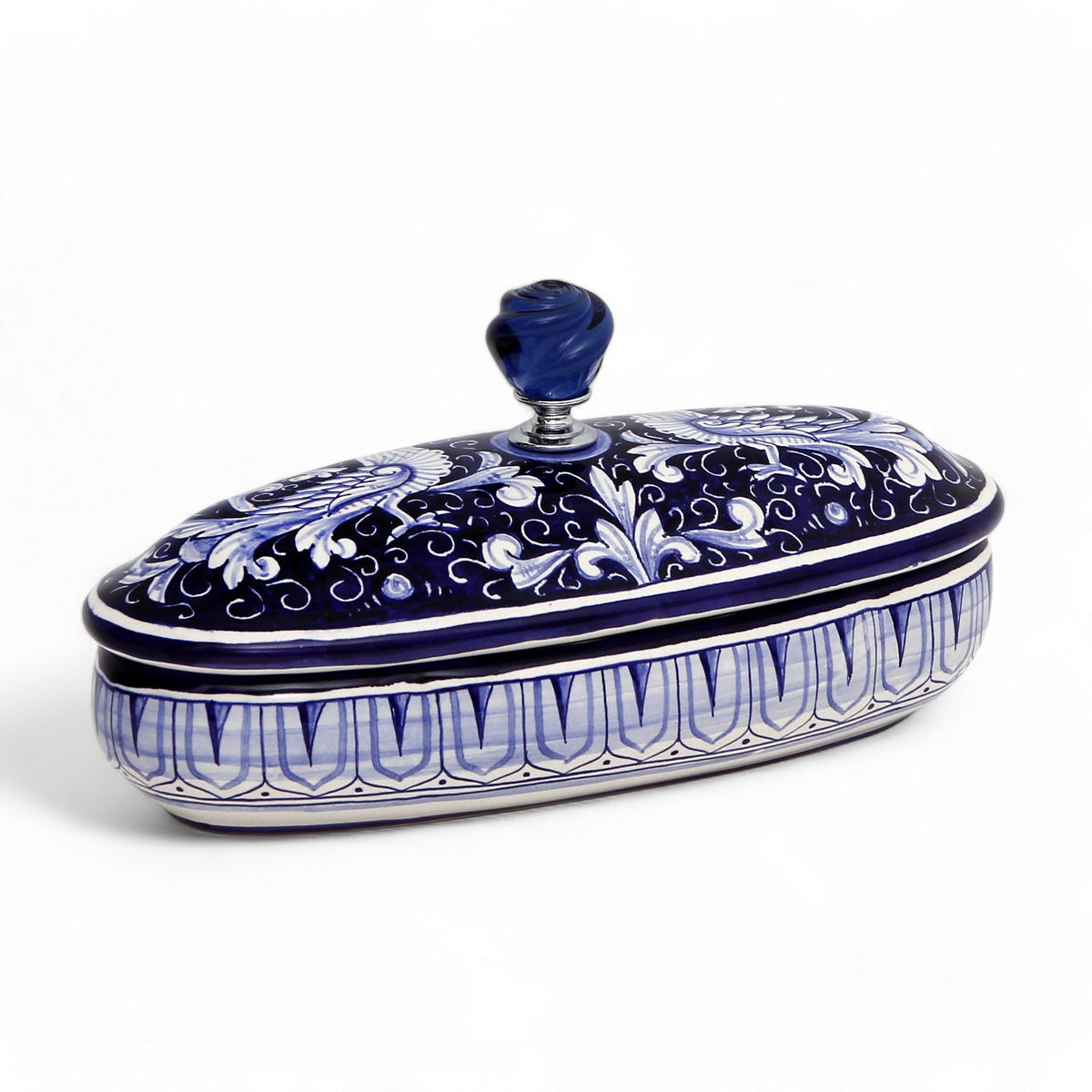 BOÎTE À BIJOUX : Boîte souvenir ovale authentique de Deruta avec bouton en Murano - Motif DERUTA FONDO BLU