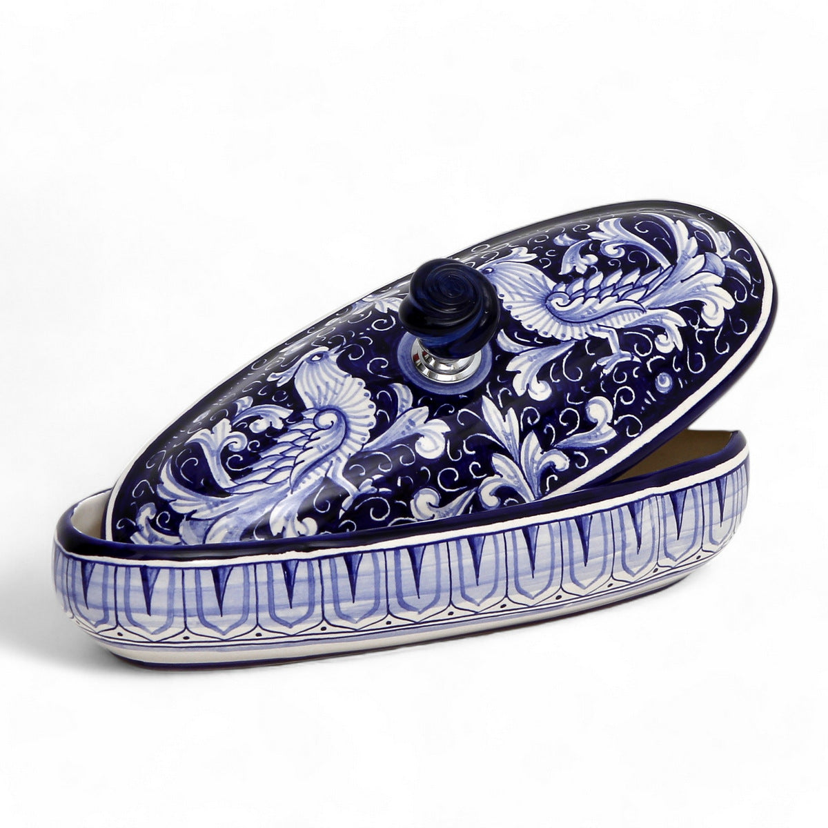 BOÎTE À BIJOUX : Boîte souvenir ovale authentique de Deruta avec bouton en Murano - Motif DERUTA FONDO BLU