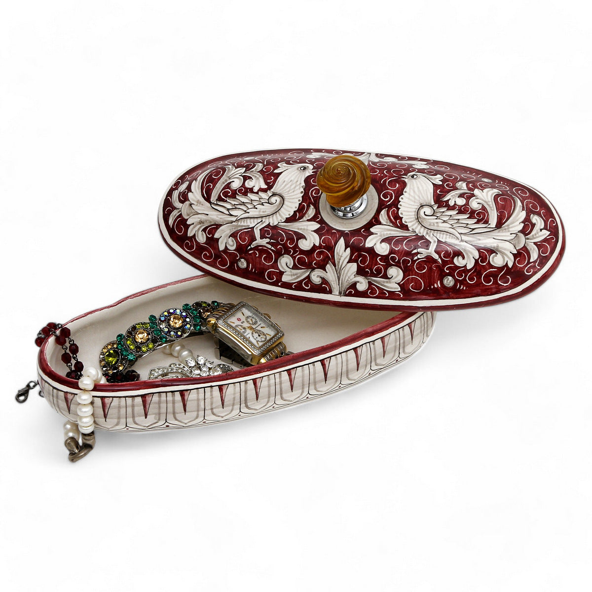BOÎTE À BIJOUX : Véritable boîte souvenir ovale de Deruta avec bouton en verre de Murano - Motif DERUTA FONDO ROSSO