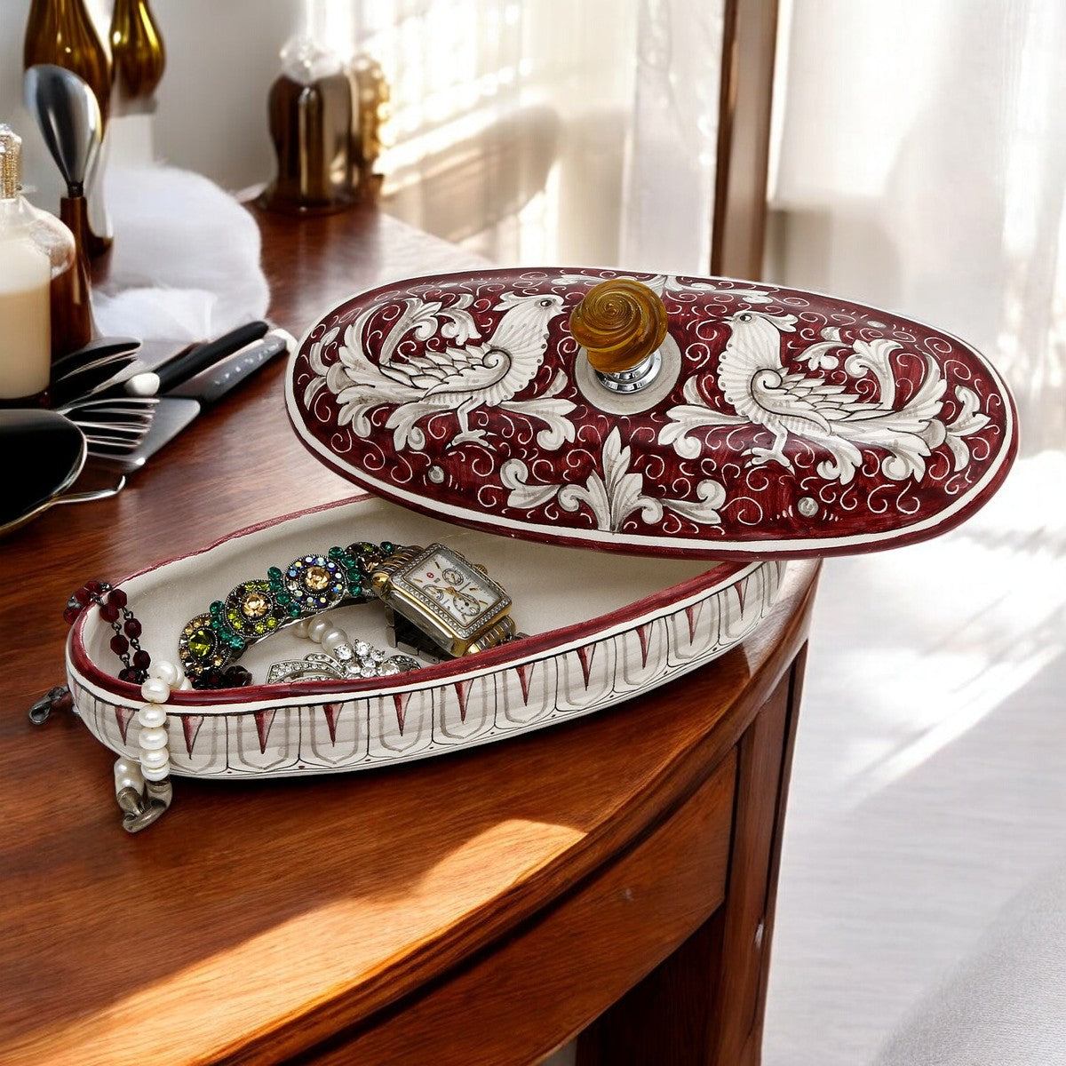 BOÎTE À BIJOUX : Véritable boîte souvenir ovale de Deruta avec bouton en verre de Murano - Motif DERUTA FONDO ROSSO