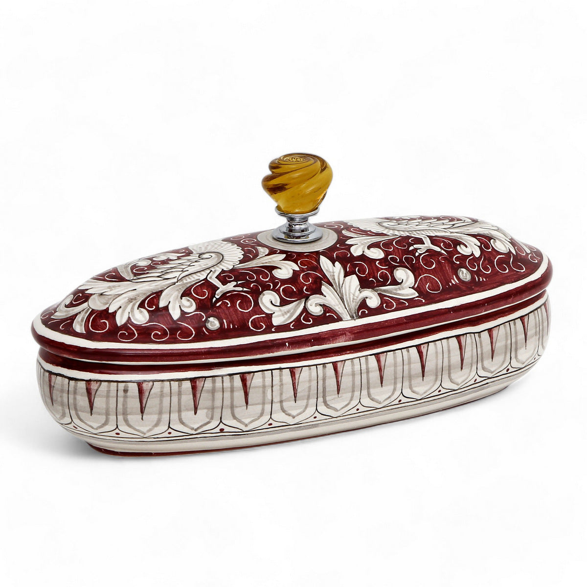 BOÎTE À BIJOUX : Véritable boîte souvenir ovale de Deruta avec bouton en verre de Murano - Motif DERUTA FONDO ROSSO