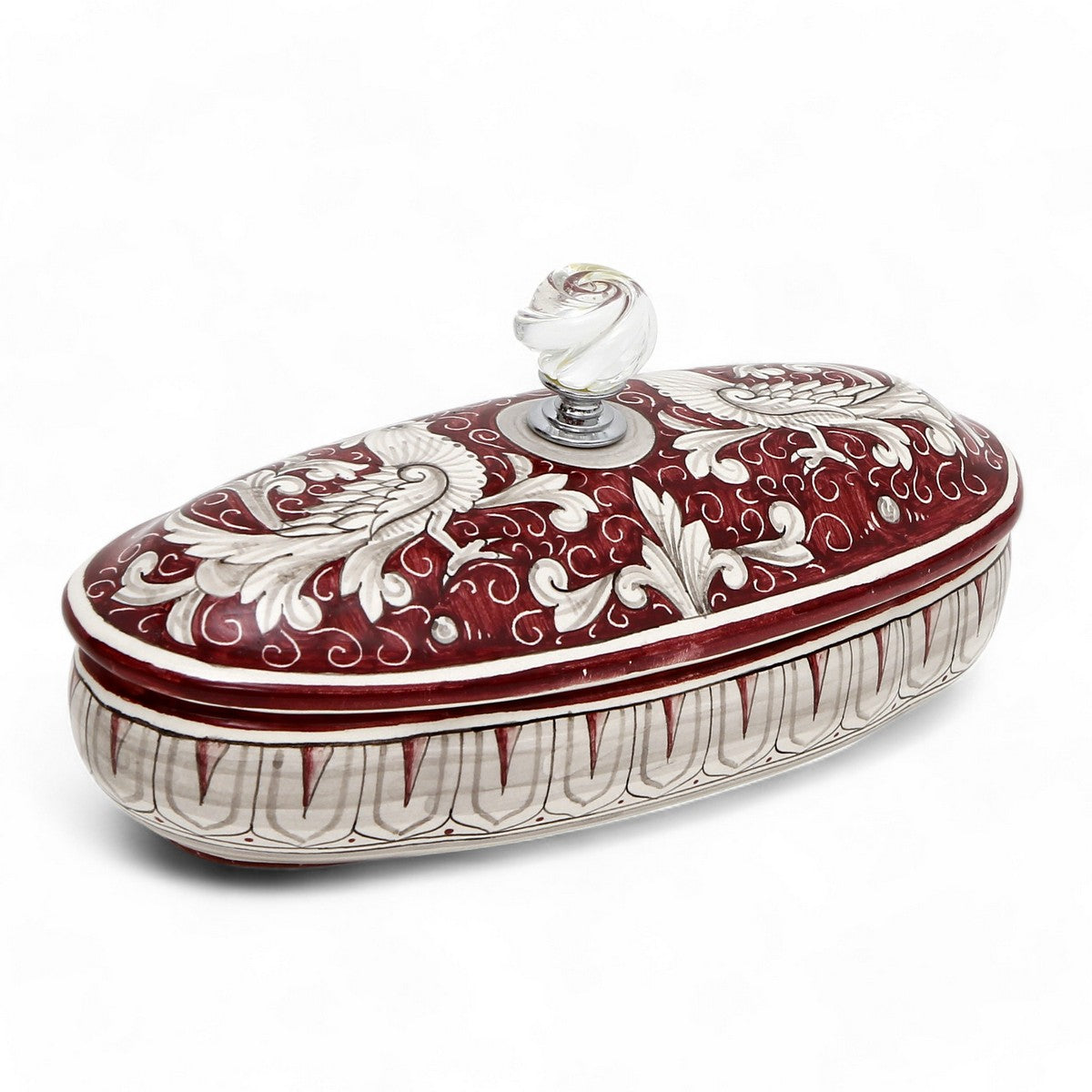 BOÎTE À BIJOUX : Véritable boîte souvenir ovale de Deruta avec bouton en verre de Murano - Motif DERUTA FONDO ROSSO