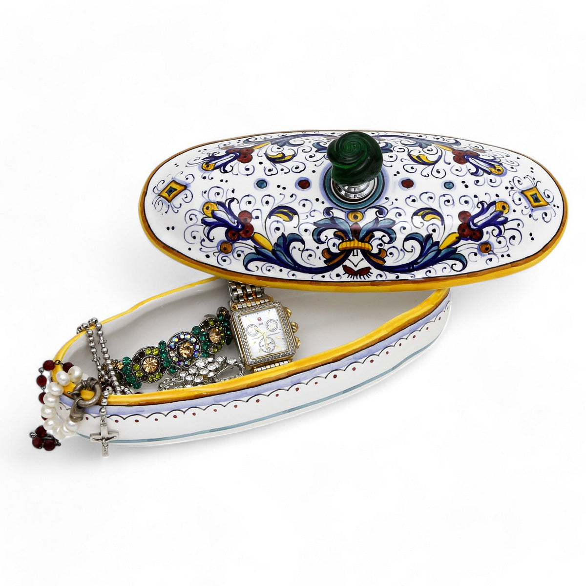 JEWERLY BOX: Authentic Deruta Keepsake Oval Box with Murano Knob - RICCO DERUTA design