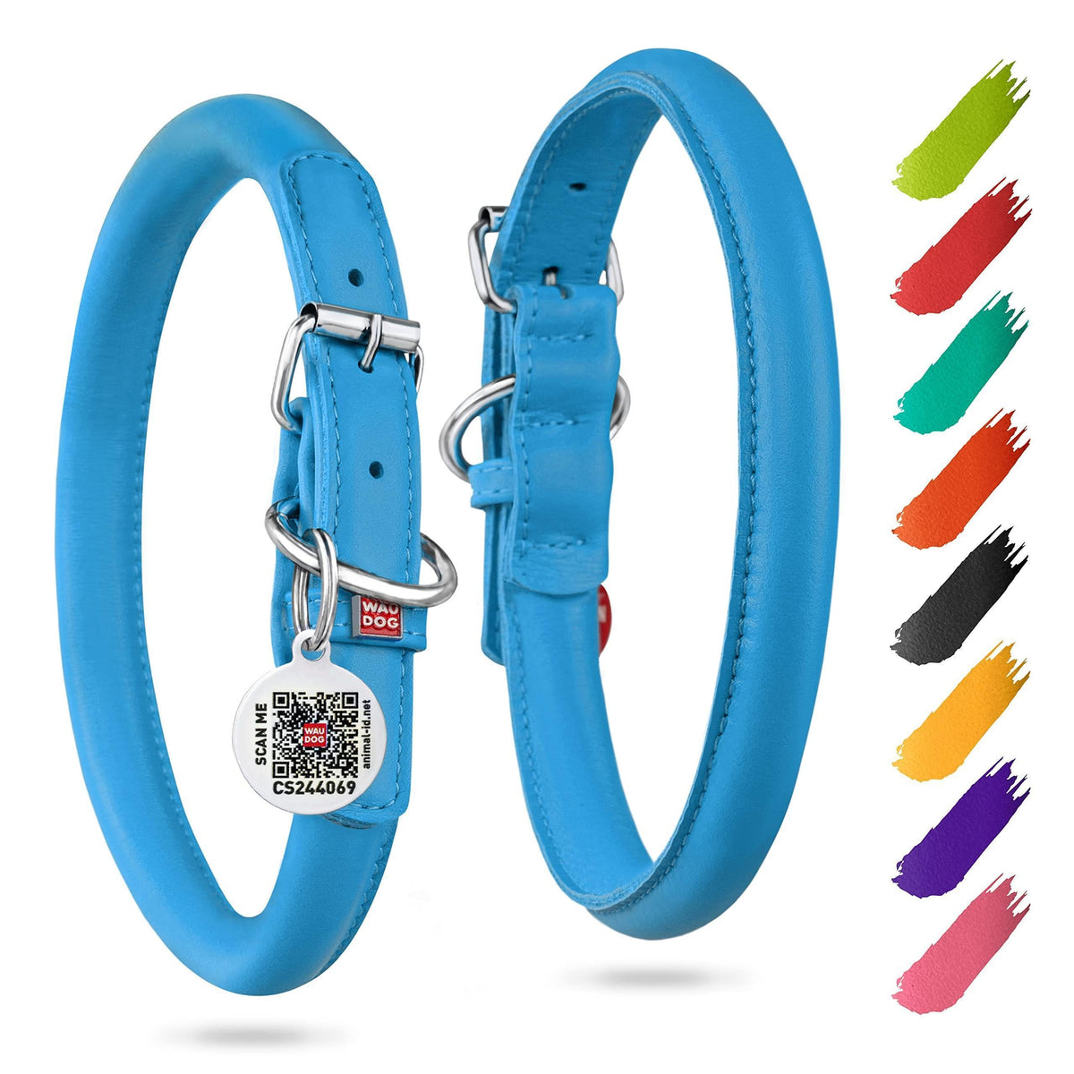 Collare per cani in pelle arrotolata, taglia XS, collo 25–33 cm, blu