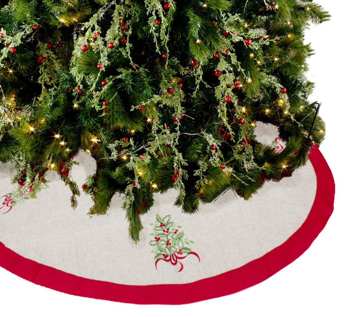 Embroidered Holly Christmas Tree Holiday Decorative Tree Skirt