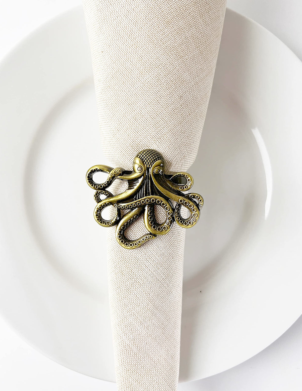 Fennco Styles Coastal Octopus Metal Napkin Rings, Set of 4 - Gold Nautical Napkin Holders for Home Décor, Dining Table, Banquets, Family Gathering and Special Occasions