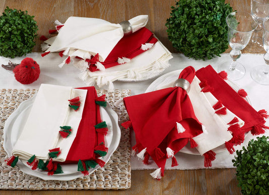 Serviettes de table décoratives de Noël 100 % coton avec pompons