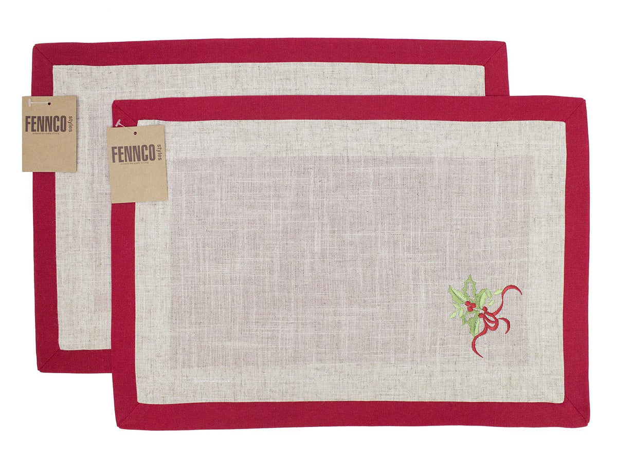 Embroidered Holly Christmas Tree Double-Layer Holiday Tablecloth
