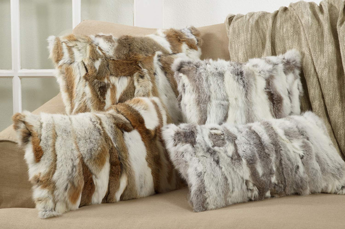 Fennco Styles Lucky Collection Rustic Handcrafted Ultra Soft Rabbit Fur 16 x 16 Inch Throw Pillow with Case & Insert – Grey Accent Pillow for Winter Season on Couch, Bedroom and Living Room Décor