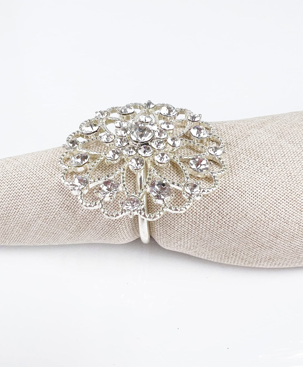 Fennco Styles Rhinestone Crystal Flower Napkin Rings Wedding Holiday Table Decoration - Set of 4