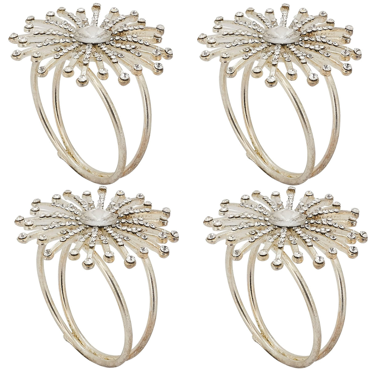 Fennco Styles Elegant Jewel Starburst Napkin Rings, Set of 4 - Silver Metal Napkin Holder for Dining Table Décor, Holidays, Weddings, Banquets, Family Gatherings and Special Occasion