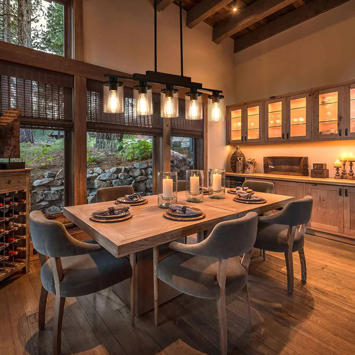 Lampadario lineare rustico in legno stile casale con paralume in vetro trasparente