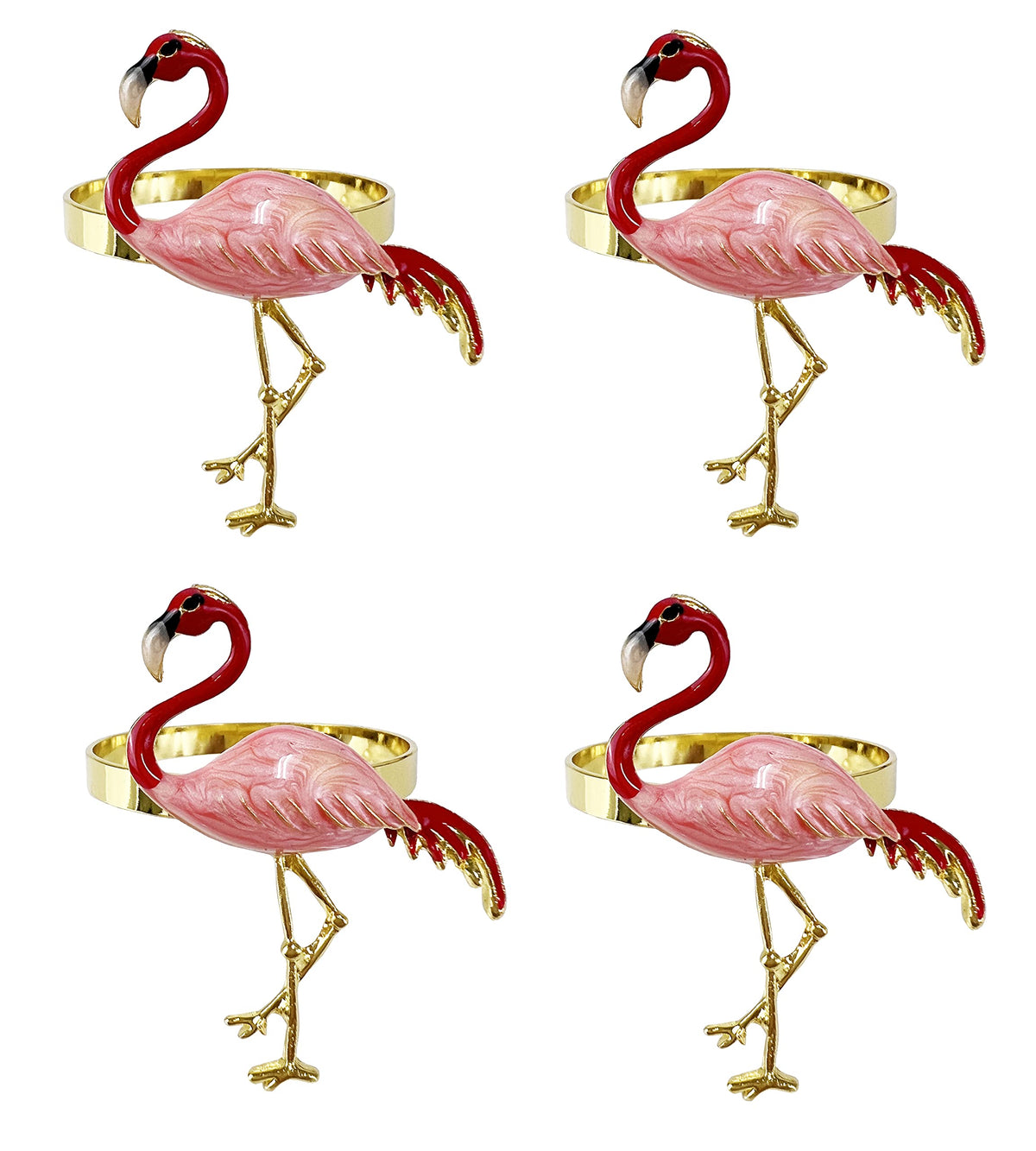 Fennco Styles Enamel Glazed Flamingo Metal Napkin Rings, Set of 4 - Beige Decorative Napkin Holders for Home, Dining Room, Banquets, Family Gatherings, Holidays and Special Occasions