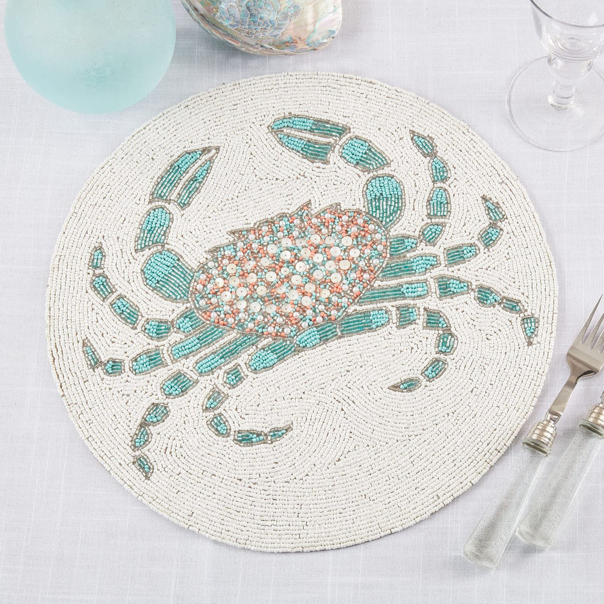 Hand Beaded Sea Life Coastal Placemat 15" Round