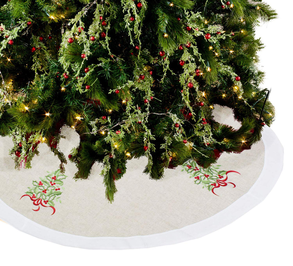 Embroidered Holly Christmas Tree Holiday Decorative Tree Skirt