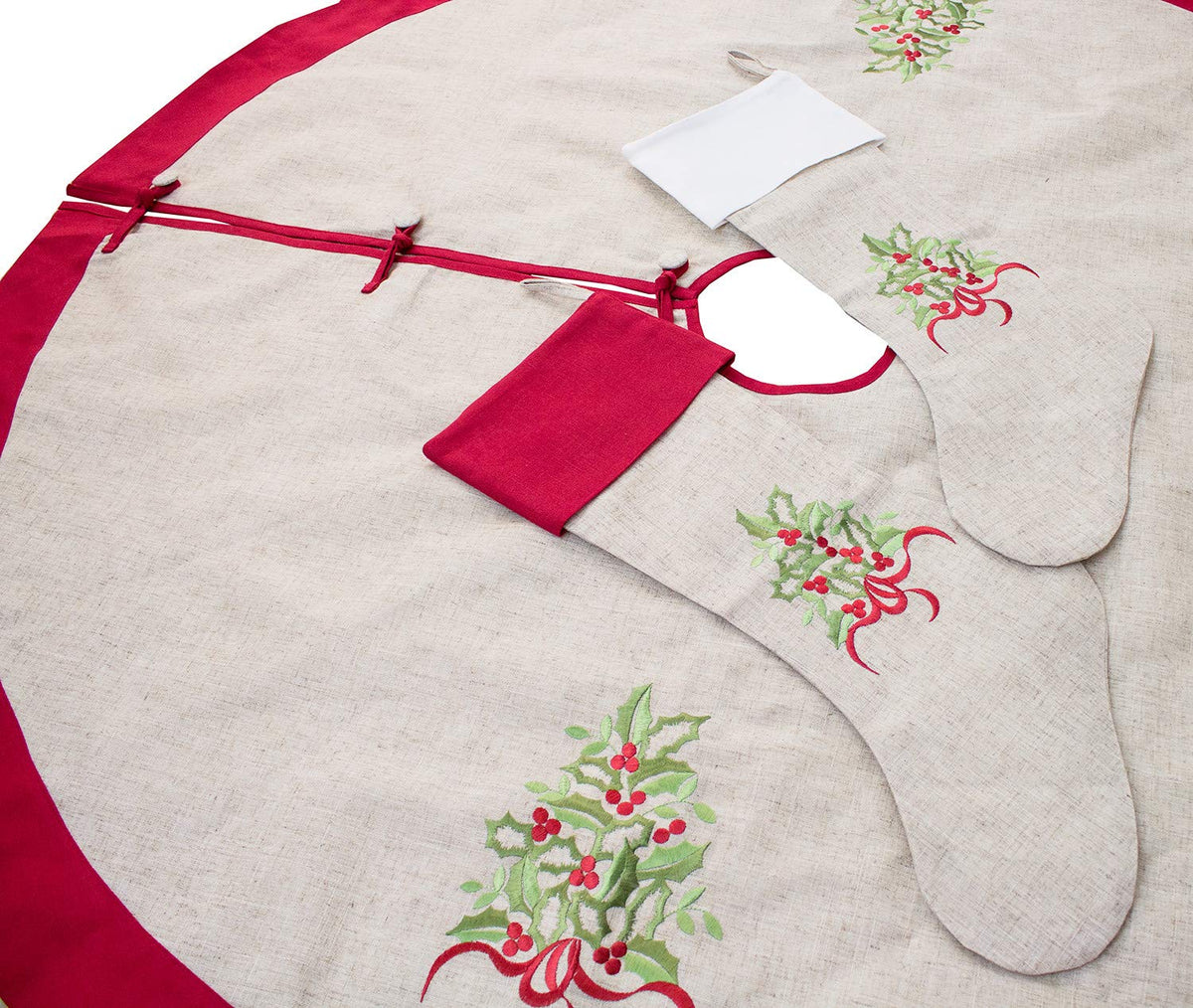 Embroidered Holly Christmas Tree Holiday Decorative Tree Skirt