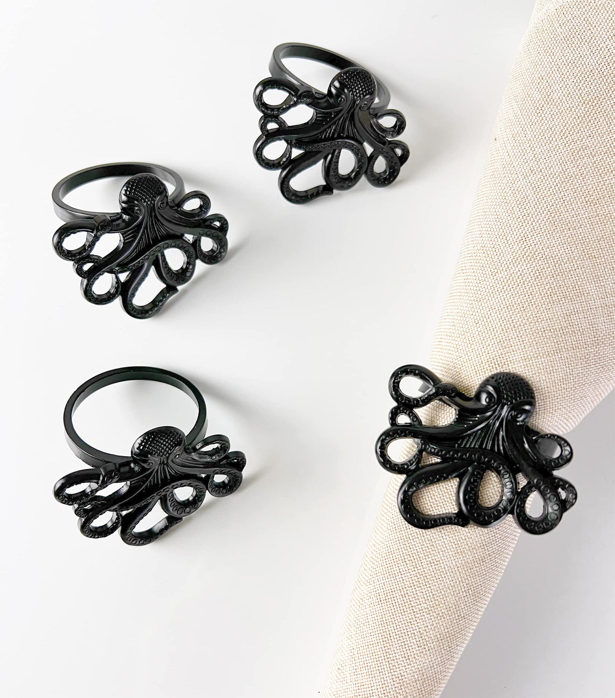 Fennco Styles Coastal Octopus Metal Napkin Rings, Set of 4 - Gold Nautical Napkin Holders for Home Décor, Dining Table, Banquets, Family Gathering and Special Occasions