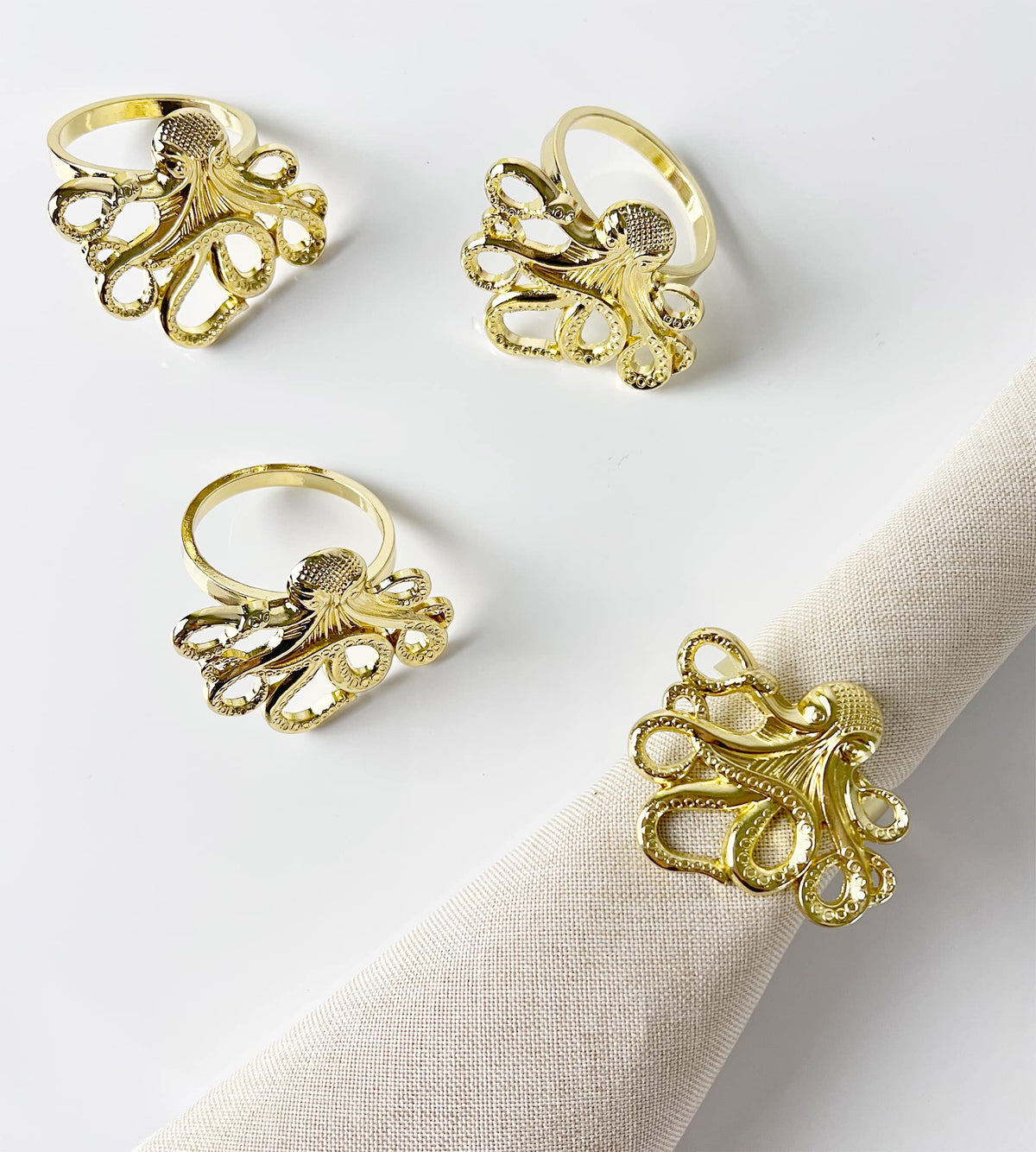 Fennco Styles Coastal Octopus Metal Napkin Rings, Set of 4 - Gold Nautical Napkin Holders for Home Décor, Dining Table, Banquets, Family Gathering and Special Occasions