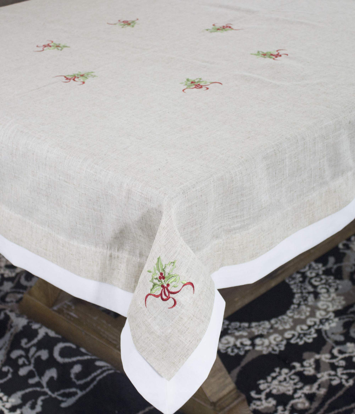 Embroidered Holly Christmas Tree Double-Layer Holiday Tablecloth
