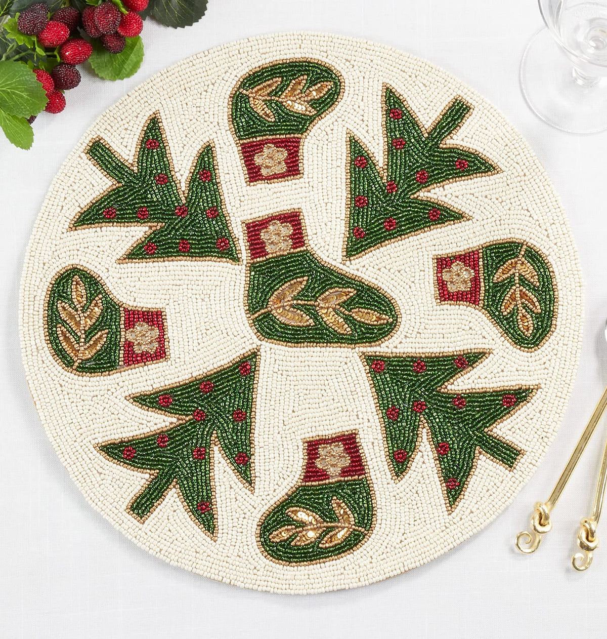 Hand Beaded Christmas Stockings and Trees Holiday Placemat