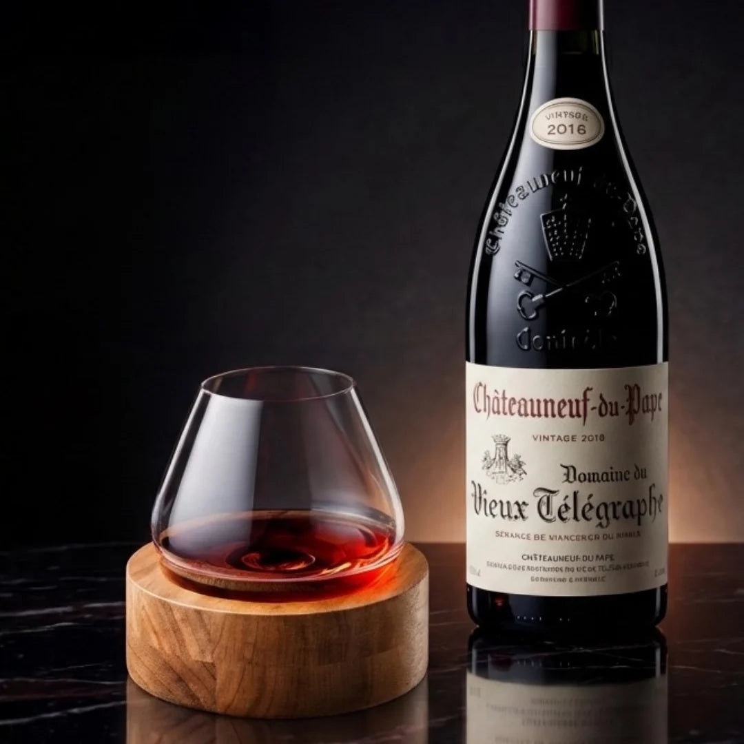 Verre à vin rotatif en cristal et sous-verre en bois Kami