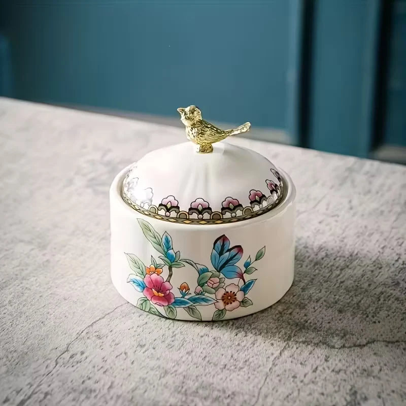 Pot de rangement en céramique Motif oiseau et fleurs