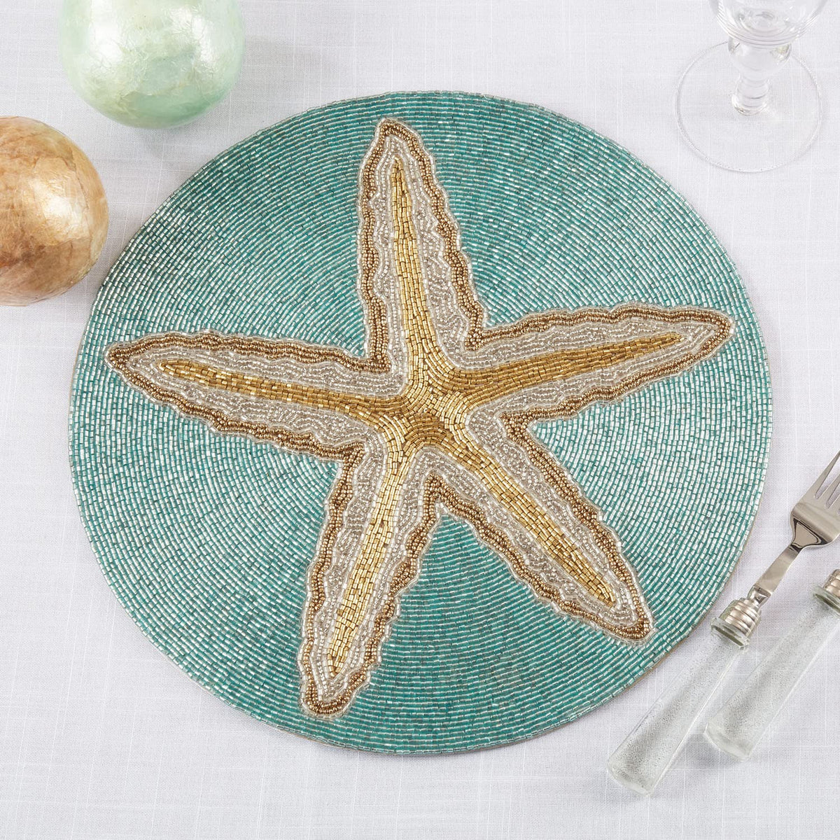 Hand Beaded Sea Life Coastal Placemat 15" Round