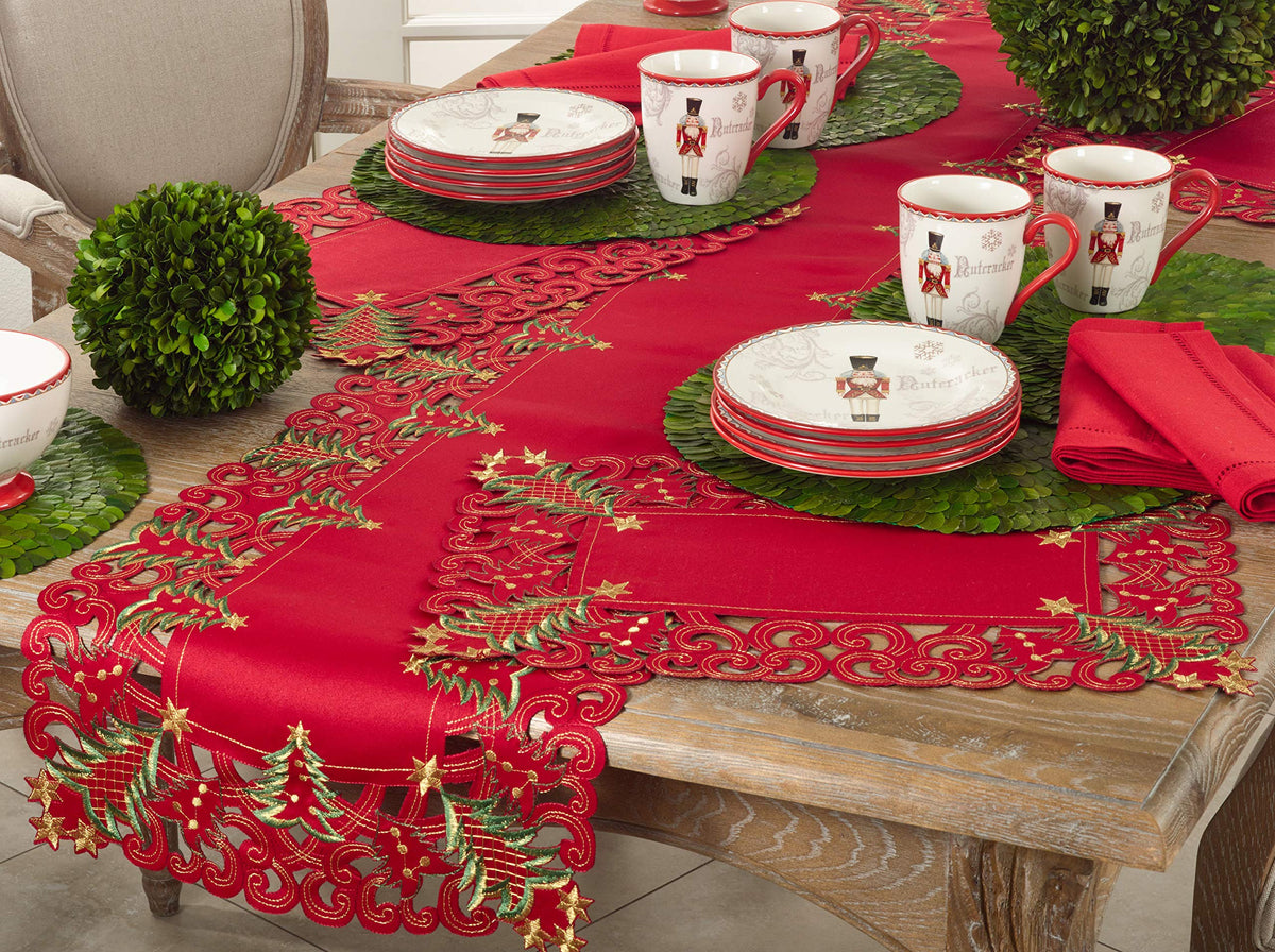 Pandoro Collection Holiday Embroidered Christmas Tree Cutwork Border Table Runner