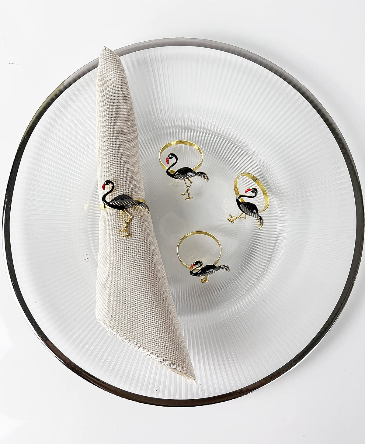 Fennco Styles Enamel Glazed Flamingo Metal Napkin Rings, Set of 4 - Beige Decorative Napkin Holders for Home, Dining Room, Banquets, Family Gatherings, Holidays and Special Occasions
