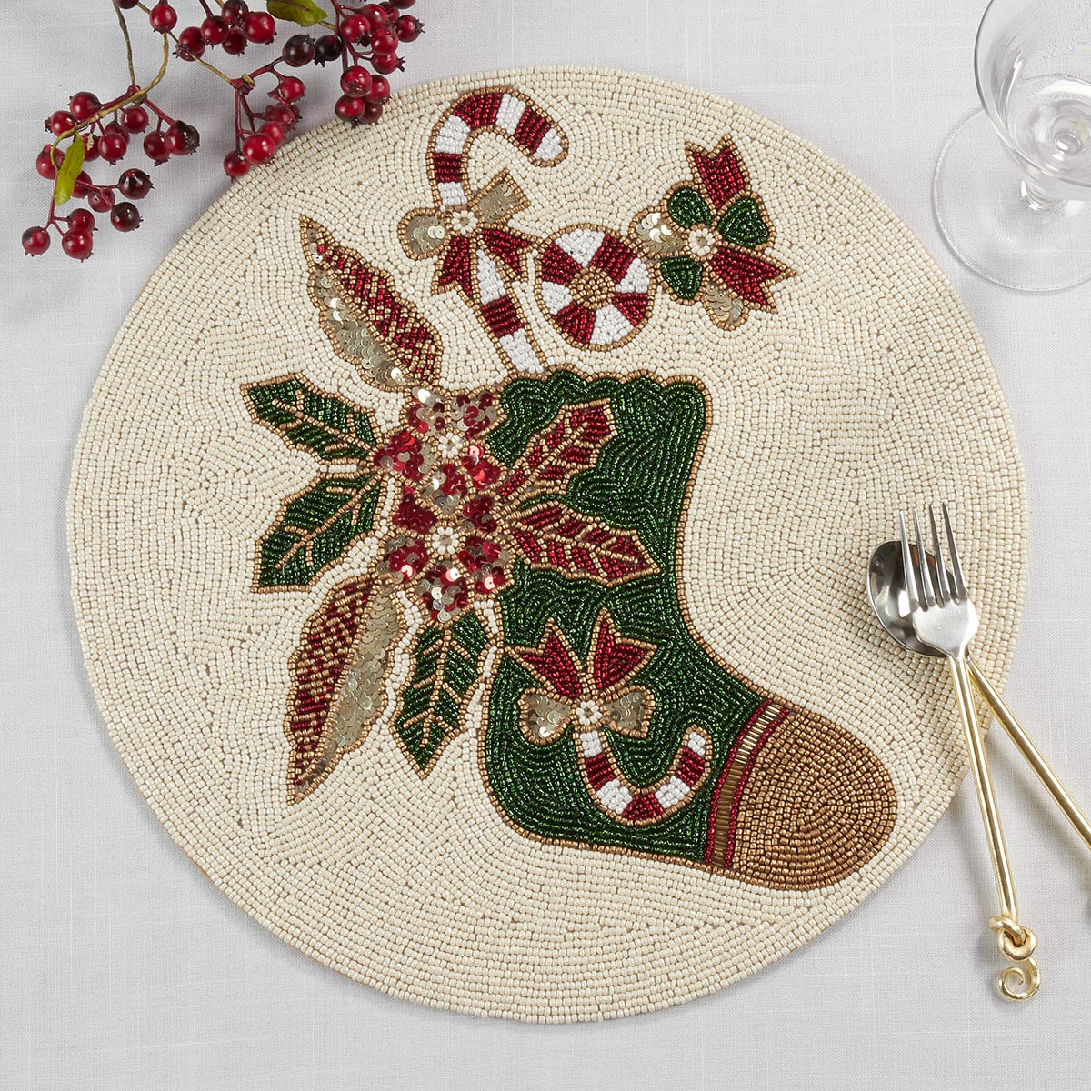 Hand Beaded Christmas Stocking Holiday Placemat