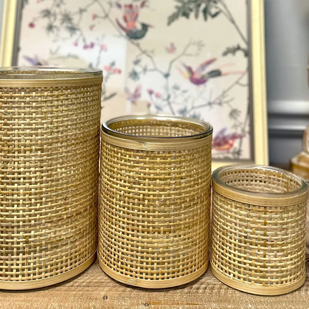 WEAVED RATTAN WRAPPED GLASS VASE/CANDLE HOLDER