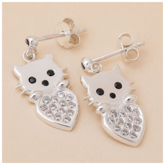 Orecchini in argento sterling con gatto e pietra del mese di nascita a forma di cuore