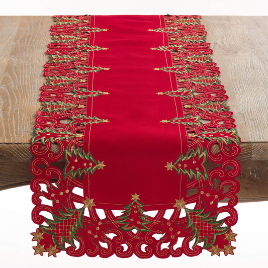 Pandoro Collection Holiday Embroidered Christmas Tree Cutwork Border Table Runner