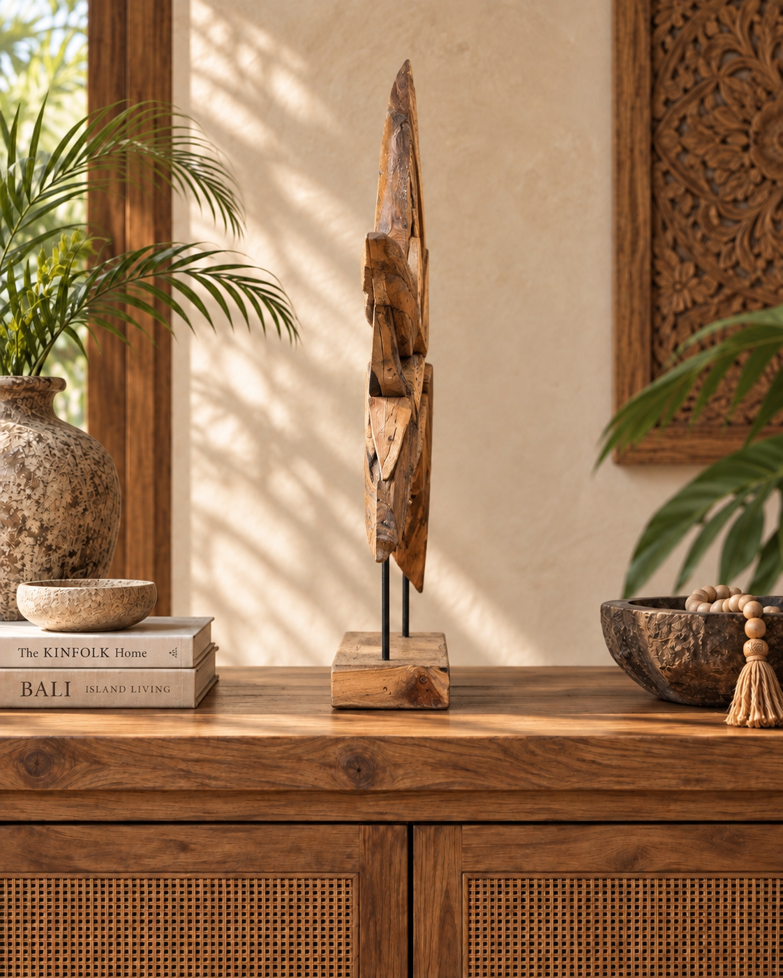 Hand-Carved Bali Teak Star Sculpture on Stand – Medium