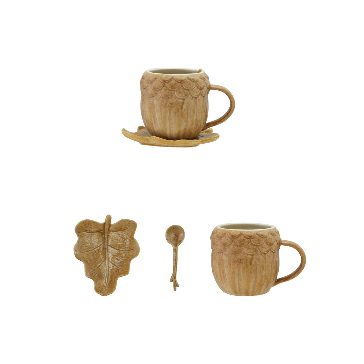 14 oz. Stoneware Acorn Mug with Saucer & Spoon – Set of 3