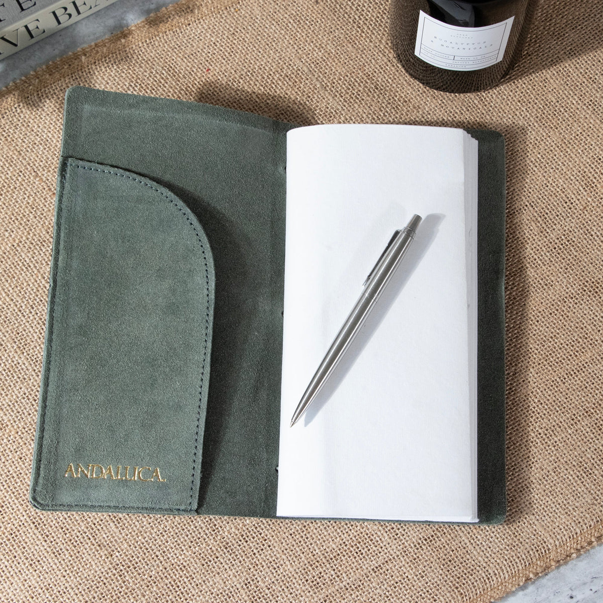 Journal en daim gris sarcelle avec papier en coton biologique : petit