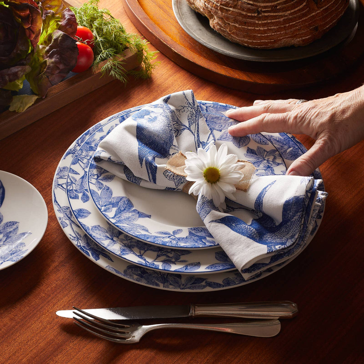 Arbor Rimmed Blue Botanical Porcelain Plate - Dinner 10.75" or Salad 8"